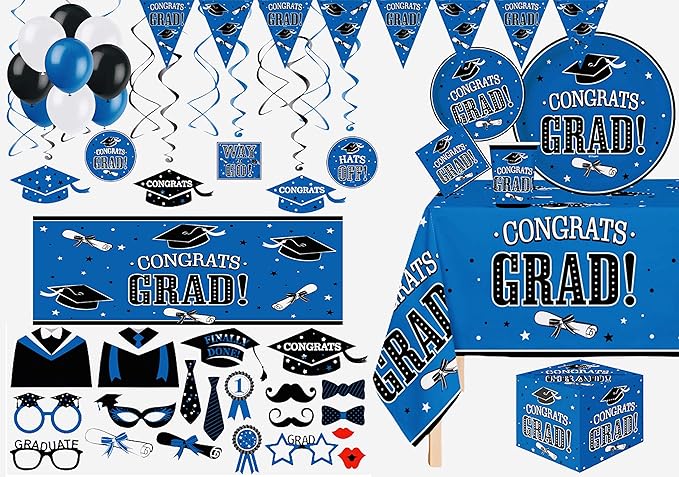 Serves 30 Ultimate Party Pack Congrats Grad Blue Party Supplies Dinner & Dessert Plates Cups Napkins 2 Table cloth 20 Photo Props 12 Swirls 30 Balloons Props 1 Banner 2 Grad Card Holder Box Blue