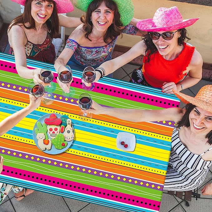 6 Pcs Mexican Party Decorations, 54"X108" Disposable Fiesta Tablecloths, Colorful Mexican Striped Tablecover Plastic Tableware Fiesta Decor for Cinco De Mayo, Taco Night, Mexico Themed Party Supplies