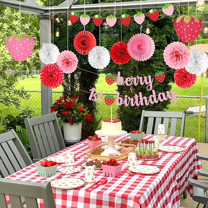 Kriyokiaa Berry First Birthday Decor 14 Pcs Strawberry 1st Birthday Decorations for Girls with Banners, Paper Lantern, Paper Pom Poms Perfect for Baby Girl Party Decoration