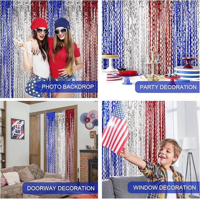 LOLStar 4th of July Decorations, 5 Pack Red White Blue Wavy Tinsel Foil Fringe Curtains, Memorial Day Photo Booth Prop Streamer Backdrop for Patriotic America Party, Independence Labor Day Decoration