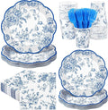 Kochorie 144 Pieces Blue Floral Paper Plates and Napkins Party Supplies, Blue and White Flower Tableware Set Include Vintage Scalloped Plates Napkins Cups Forks for Wedding Birthday Tea Party