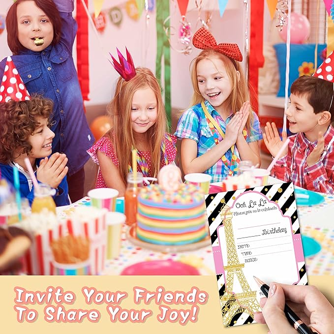 DETIHO 4" x 6" Paris Theme Birthday Party Invitation Cards With Envelopes - Fill In Style Party Invitation - 20 Sets - E21