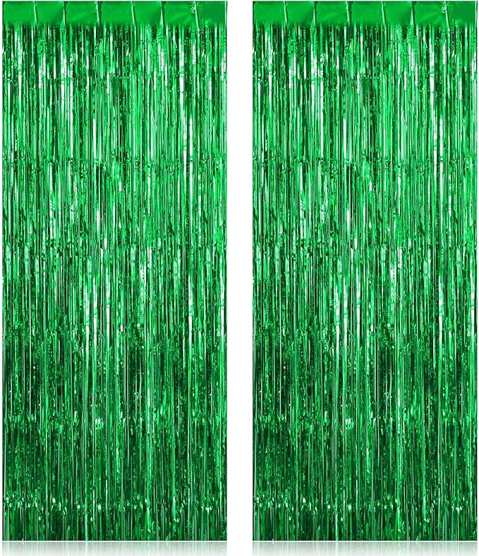 2 Pack Fringe Curtains Backdrops, Foil Fringe Curtains, Door Streamers for Birthday Wedding Bridal Shower Holiday Graduation Party Decorations, Photo Booth Backdrops, Green