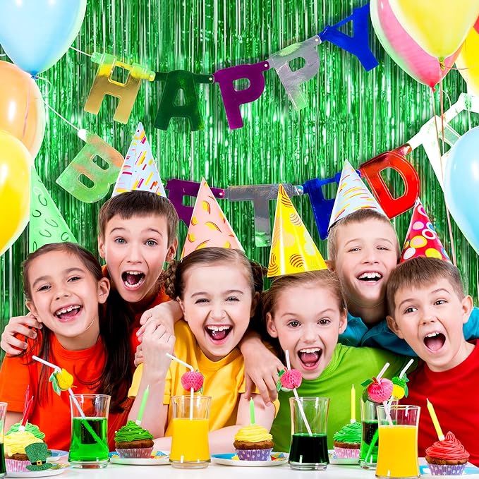 Green Tinsel Backdrop Curtains - 2 Pack Metallic Foil Fringe Streamers Photo Backdrop for Birthday Dinosaur Animal Football Golf Theme Party Decorations Wall Decor