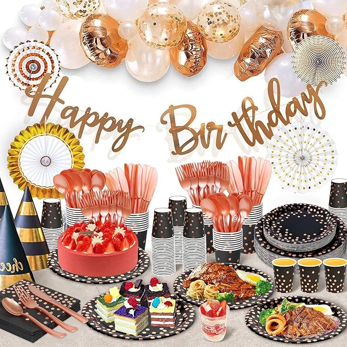 175 Pcs Black and Rose Gold Party Supplies, Disposable Party Dinnerware Gold Plastic Forks Knives Spoons Black Rose Golden Dot Plates Cups Napkins for Birthday Wedding Serves 25