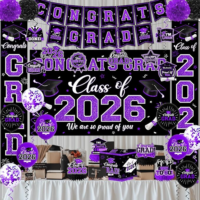 Graduation Decorations Class of 2026,Purple Graduation Decorations 2026- Congrats Grad Decorations Banner ＆ Hanging Swirls,Graduation Card Box,Paper Pompoms,Balloons,Porch Sign for College Grad Party