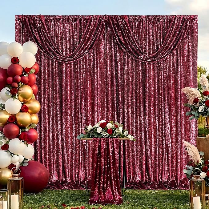 Glitter Sequin Backdrop 2 Panels 3x8FT Burgundy Red Wedding Photo Background Curtains for Birthday Party Decorations