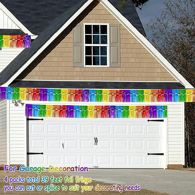 4 Packs Total 39 Ft Rainbow Parade Floats for Trailer Car, Colorful Foil Fringe Garland Tinsel Streamers Hanging Banner Table Skirts for Graduation Homecoming Holiday Birthday Pride Party Decor
