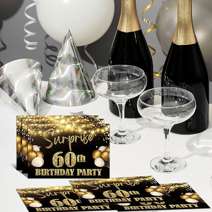 YSTEP 60th Birthday Party Invitations, 20 Black Gold Invite Cards with Envelopes, 4"x6" Foil Balloon Birthday Invites - B11