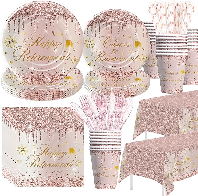 APOWBLS Retirement Decorations For Women, Rose Gold Happy Retirement Party Decorations Supplies Tableware, Paper Plate, Cup, Napkin, Tablecloth, Cutlery, Serve 24