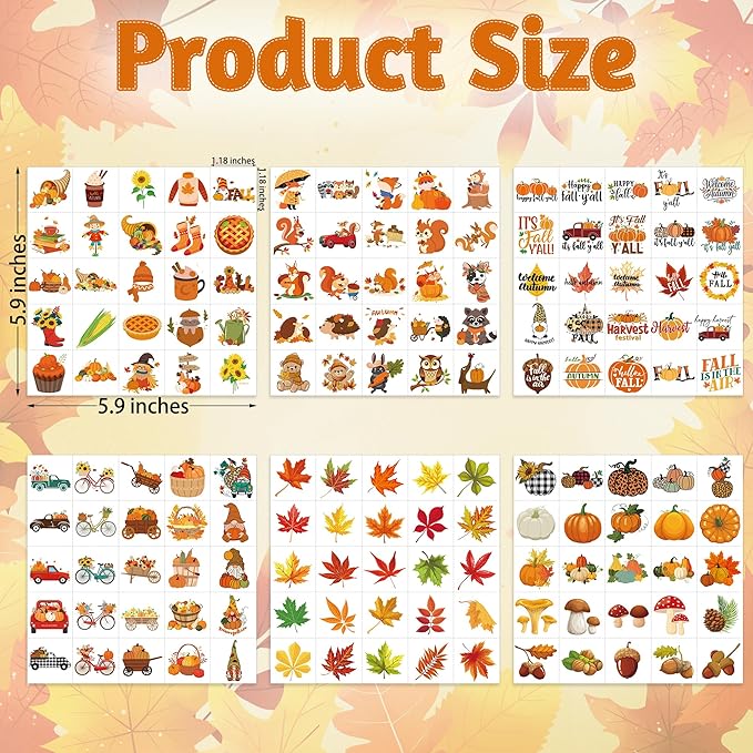 150 Pcs Fall Tattoos, Maple Leaves Pumpkin Fake Temporary Tattoos, Fall Thanksgiving Tattoos Autumn Stickers for Thanksgiving Decorations Gift Fall Party Favors Supplies Bags Fillers