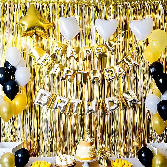3 Pack Foil Curtain Backdrop 3.3x6.6 ft Tinsel Fringe Curtains for Parties Metallic Streamers Photo Booth Props,Wedding & Birthday,Holiday Decorations Disco,Bachelorette,Door Hanging Decor (Golden)
