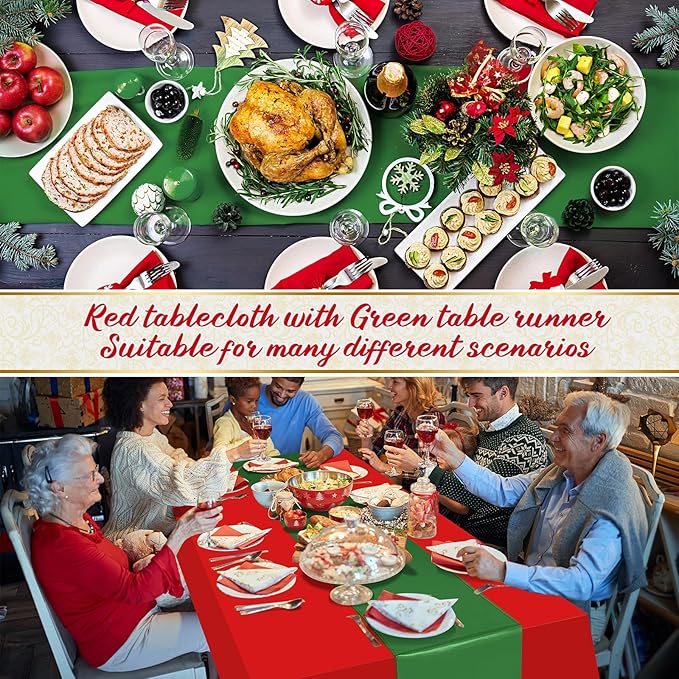 12 Pack 12x108 Inch Satin Table Runner and 84 Inch Rectangle Plastic Tablecloths Set Christmas Red and Green Disposable Table Cloth for New Year Christmas Wedding Holiday Anniversary Party Decorations