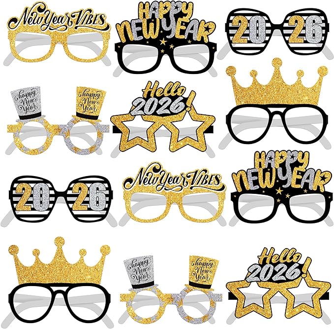 KatchOn, 2026 Glasses New Years - Pack of 12 | NYE Photo Booth Props, New Years Eve Party Supplies 2026 | 2026 New Years Glasses, New Years Decorations 2026 | New Years Photo Booth Props