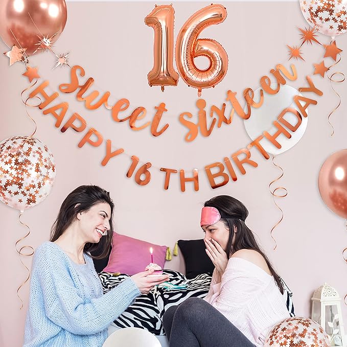 Rose Gold Sweet Sixteen Happy 16th Birthday Banner Garland Foil Balloon 16 for Sweet 16 Decorations 16th Birthday Dercorations for Girls Cheers to 16 Years 16 and Fabulous Party Backdrop Supplies