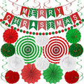 28PCS Christmas Decorations, Christmas Banner Paper Fans Set, Red White Green Pompom Garland Paper Fans Hanging Swirls for Xmas Party Decorations Accessories Indoor Supplies Decor Ugly Sweater Set