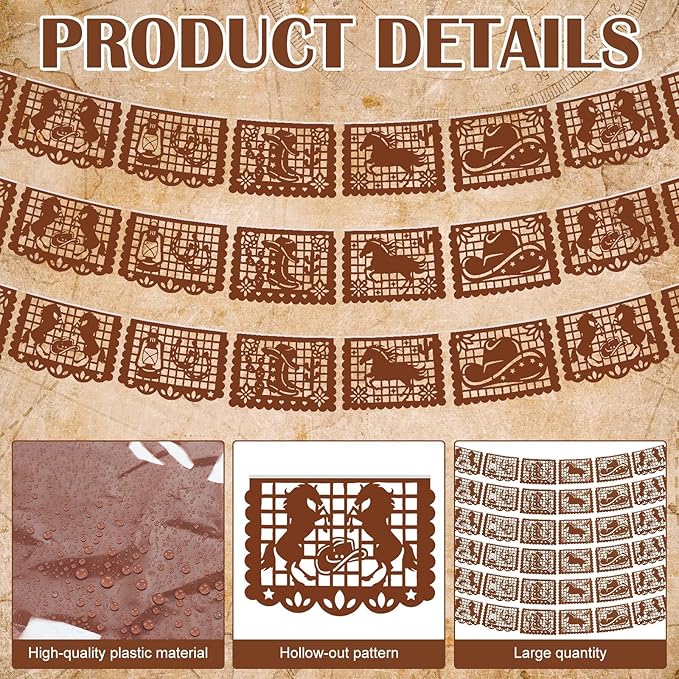 VitalCozy Western Cowboy Papel Picado Banners (6 Packs, 6 x 19.69 ft, Plastic) Fiesta Party Supplies Mexican Wild West Banner Flags Paper Garlands for Western Birthday Party Decorations(Brown)