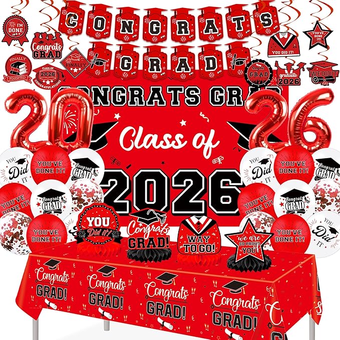Graduation Decorations 2026, Class of 2026 Backdrop, Banner, 2026 Foil Balloons, Tablecloth, Hanging Swirls, Honeycomb Centerpieces, Party Supplies Decorations Set for College (RED)
