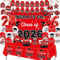 Graduation Decorations 2026, Class of 2026 Backdrop, Banner, 2026 Foil Balloons, Tablecloth, Hanging Swirls, Honeycomb Centerpieces, Party Supplies Decorations Set for College (RED)