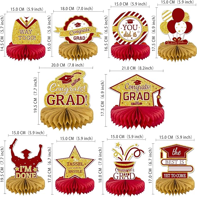 10PCS Graduation Decorations Class of 2025 Centerpieces, Congrats Grad Honeycomb Table Toppers for Graduation Party Favors, 2026 Graduation Party Decorations (10PCS, Maroon & Gold)