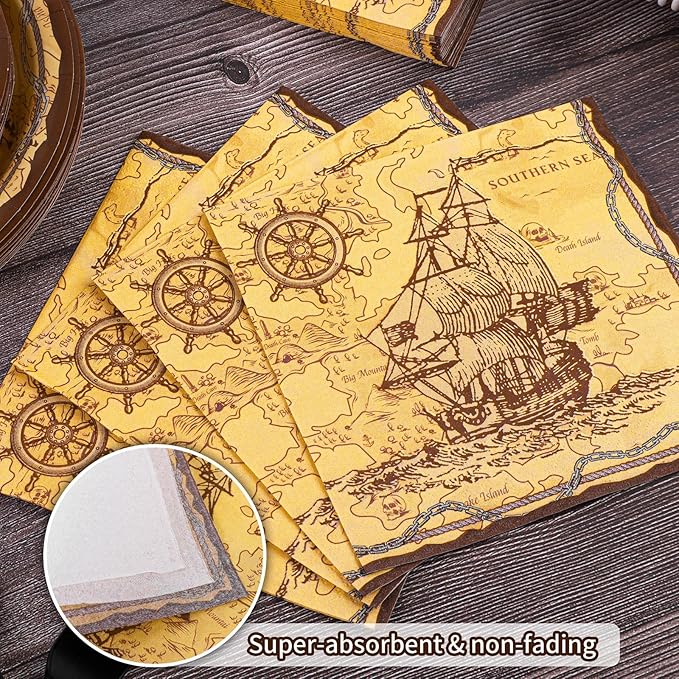 durony 144 Pieces Pirate Tableware Set Party Plates Cups Napkins Pirate Party Supplies Treasure Map Theme Favors for Treasure Theme Birthday Parties Decorations, Serve 24 Guests