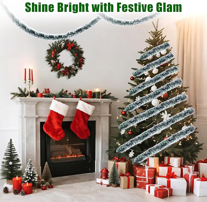 39.5 Ft Christmas Tinsel Garland, Reusable Holiday Metallic Christmas Tree Garland Decoration for Xmas, Wedding, Birthday, Home Party Decor (Green and White)