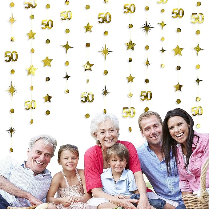 Gold 50th Birthday Decorations Number 50 Circle Dot Twinkle Star Garland Metallic Hanging Streamer Bunting Banner Backdrop for 50 Year Old Birthday Happy 50th Anniversary Fiftieth Party Supplies