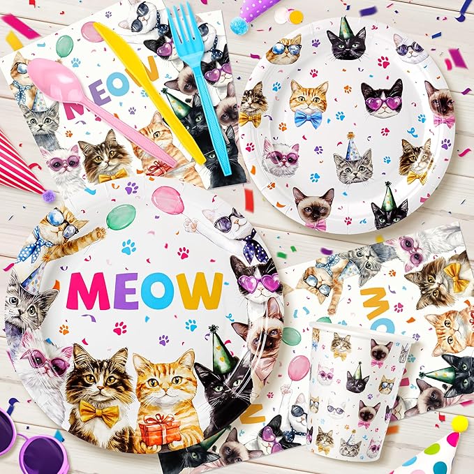 Cats Happy Birthday Party Plates Set, 168PCS Cats Themed Paper Plates Napkins Cups and Colorful Cutlery Set, 24 Set Cat Disposable Tableware Set for Birthday Party Supplies