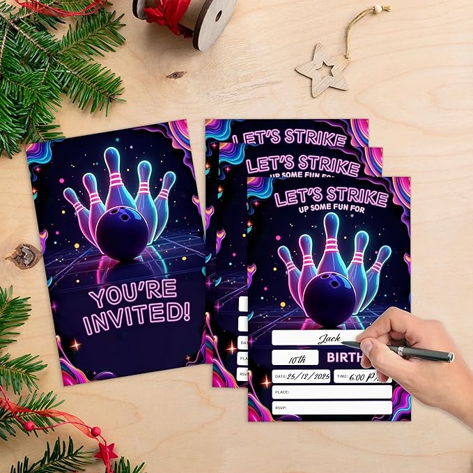 Neon Bowling Birthday Party Invitation Cards 20 Invitations With Envelopes, Bowling Invites For Birthday Parties,Theme Birthday Decorations, Party Gathering Invitation (4x6 inch)