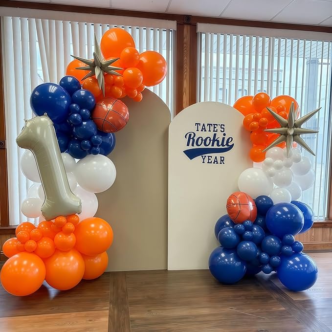 Blue and Orange Balloons Arch Kit, 121PCS Dark Blue and Orange White Balloons with Spikes Explosion Star Foil Balloon for Birthday Graduation Baby Shower Sport Basketball Party Decorations Supplies