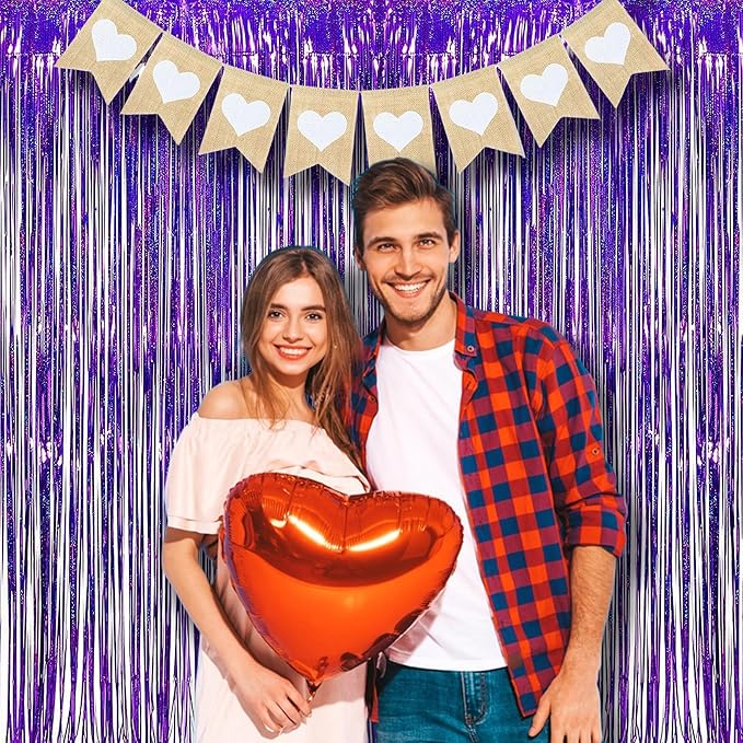 BRAVESHINE Purple Tinsel Foil Fringe Curtains - 2Pcs 3.2x8.2ft Party Streamers Backdrop for Valentines/Hunters/Girl/Women/Birthday/Mermaid/Bridal Shower/Bachelorette/Anniversary/Engagement Decorations