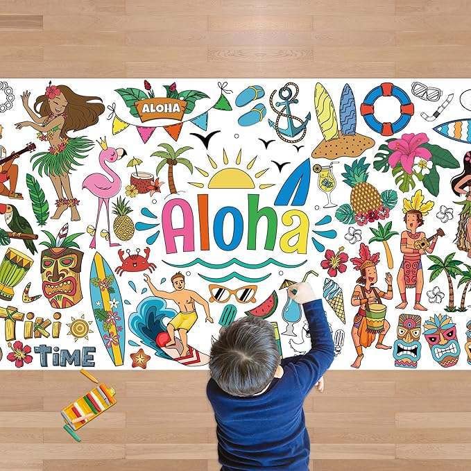 OHOME Hawaiian Giant Coloring Poster/Tablecloth - Luau Day Decorations - Jumbo Coloring Banner Crafts Gifts Activities Accessories Decor Party Decorations