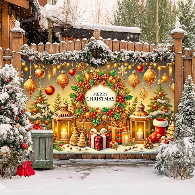 Christmas Banner 71x43 Inch Merry Christmas Backdrop Holiday Wall Decoration Festive Golden Ornaments Xmas Tree Lights Gift Boxes Party Photo Background Winter Celebration Display