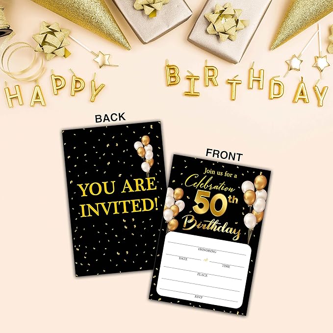 50th Birthday Invitation Cards with Envelopes - Classic Gold Theme Fill in The Blank Birthday Party Invite Cards, for Man, Woman Entertain Banquet Party Supplies, 20 Invites With Envelopes - B14