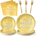 Happy Golden Birthday Gold Glitter Golden Diamond Party Plates Supplies - Serves 24-96Pcs Party Tableware Decorations Disposable Paper Plates Napkins Forks for Birthday Anniversary