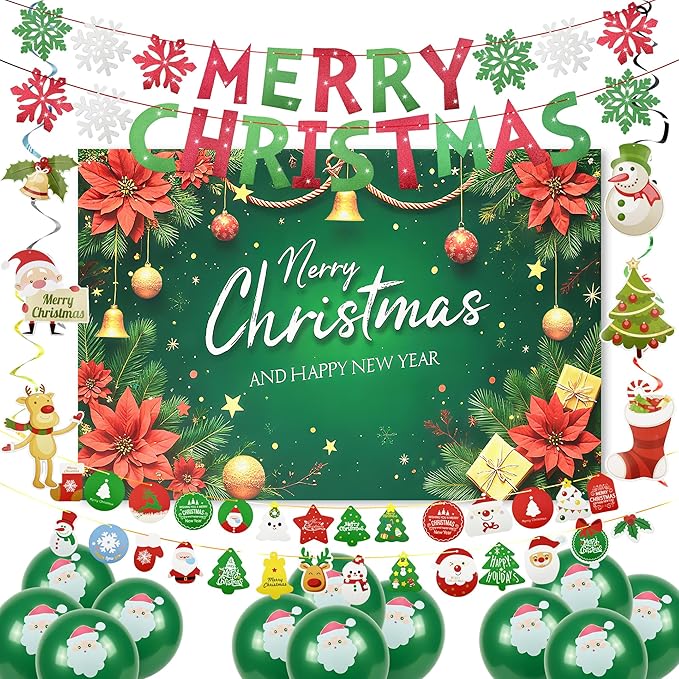 Christmas Party Decoration Set, 44PCS Merry Christmas Birthday Party Supplies with Backdrop Banner,Merry Christmas Banner with Red Green Swirls,Hanging Decor for Holiday Home Indoor Party (Christmas 2)