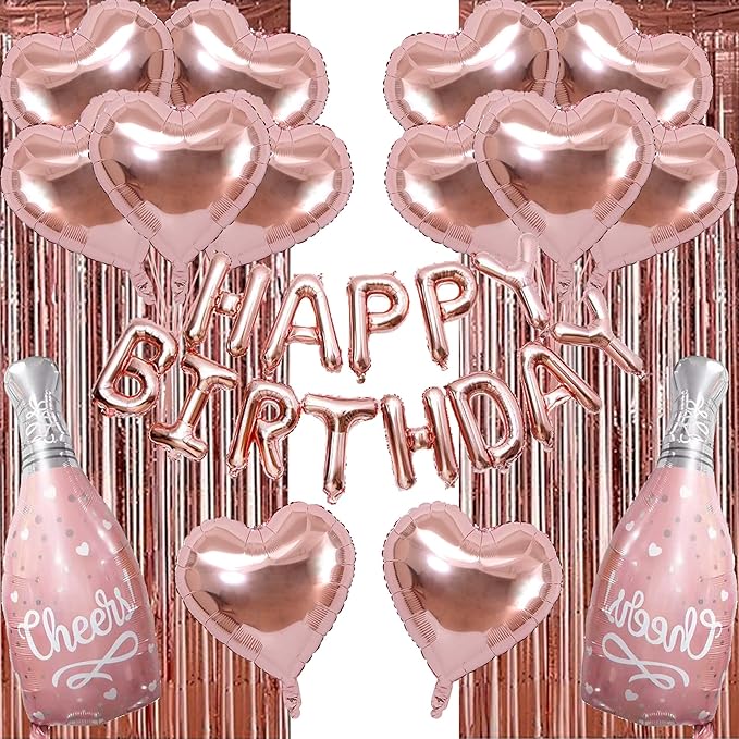 Rose Gold Balloons Foil Curtains 29 Pcs Rose Gold Party Decor Rose Foil Helium Wine Balloons Boy Birthday Party Decorations for Girls Women Party Supplies