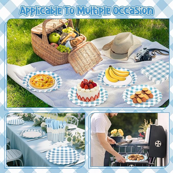 200 Pcs Light Blue Gingham Party Supplies Blue and White Scalloped Paper Plates and Napkins Cups Disposable Gingham Checkered Plaid Dessert Plates Tableware Set for Baby Shower Wedding BBQ