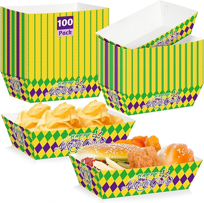 100 PCS Mardi Gras Decorations, 5.94" Plaid Stripe Snack Trays, Purple Gold Design Hot Dog Trays Mardi Gras Paper Trays for Food, Fat Tuesday Table Decorations Masquerade Party Decorations