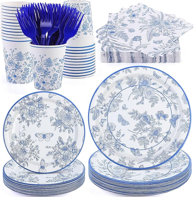 durony 144 Pieces Blue and White Flower Disposable Tableware Set 9 Inch 7 Inch Elegant Floral Paper Plates Blue Floral Cups Napkin and Forks Serve 24 for Birthday Baby Shower Party Supplies