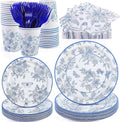durony 144 Pieces Blue and White Flower Disposable Tableware Set 9 Inch 7 Inch Elegant Floral Paper Plates Blue Floral Cups Napkin and Forks Serve 24 for Birthday Baby Shower Party Supplies