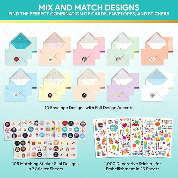 Decorably 100 Pack Foiled 5x7in Assorted Happy Birthday Cards Bulk with Envelopes and Stickers, 100 Folded Unique Designs for Friends, Family & Loved Ones, Printed Message Inside - Gifting, Mailing