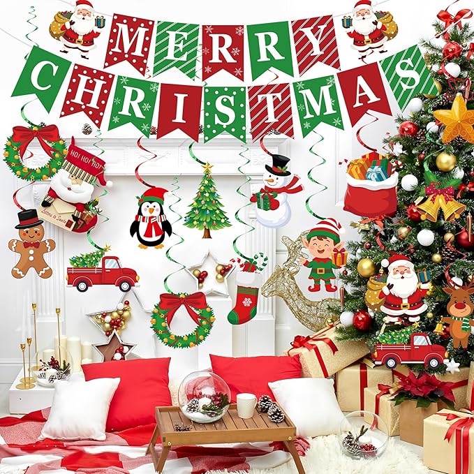 Merry Christmas Party Decorations Pre-strung Merry Christmas Banner with Hanging Swirls Red Green Santa Claus Snowman Hanging Ceiling Swirl for Xmas Holiday Party Home Decor