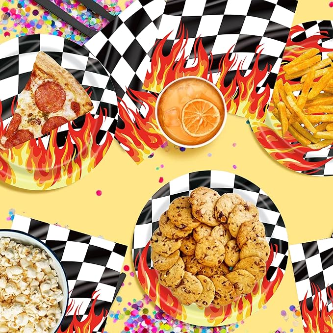 Race Car Birthday Party Decorations, 193Pcs Black White Checkered Race Car Party Supplies Set for 24 Guests, Flame Racing Theme Paper Plates, Tablecloth, Cups, Napkins with Cutlery
