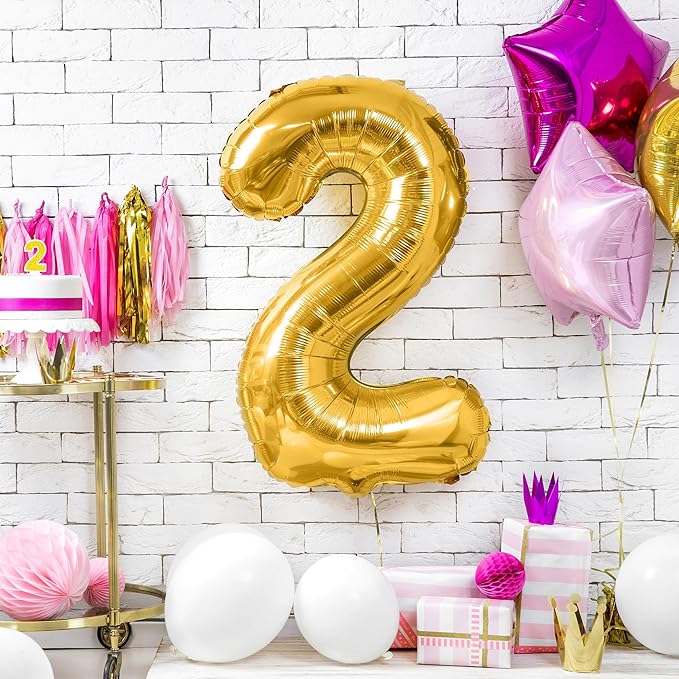Gold Number 2 Balloon, 40 Inch Large Number Foil Mylar Balloons for 2nd Girl Boy Birthday Party Celebration Decorations Supplies, Digital Balloons for Wedding Anniversary Events Decor