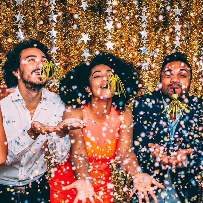 50Pcs New Years Noise Makers, Gold Party Blowers, Happy New Year Party Favors Metallic Fringed Party Horns, Birthday Blowers for Adults Women Men New Years Eve Supplies