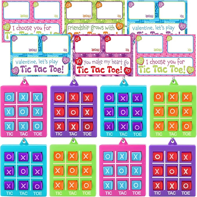 JOYIN 28 Pcs Valentine's Day Tic-tac-Toe Keychains with Bags & Tags, Plastic Tic Tac Toe Game Favors with 4 Colors, Valentines Day Gifts Card for Kids Boys Girls Classroom Prize Goodie Bag Stuffers