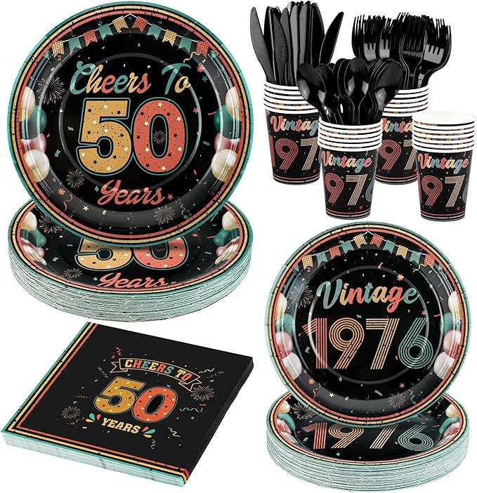 Kochorie 175 Pieces Vintage 50th Birthday Party Supplies Cheers to 50 Years Birthday Party Table Decoration Back in 1976 Tableware Set 7 Inch & 9 Inch Paper Plates Napkins Cups Cutlery Serves 25