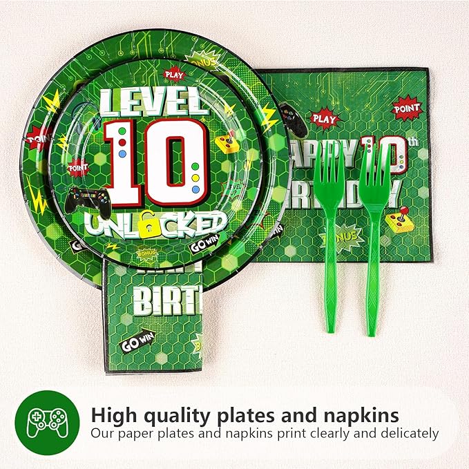 96Pcs 10th Birthday Video Game Party Supplies Green Video Game Paper Plates and Napkins Tableware Sets Video Game Birthday Decorations for Kids Boys 10th Birthday Gamer Gaming Party Serves 24