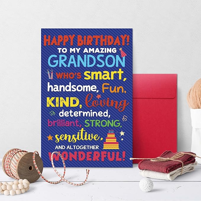 Happy Birthday Card for Grandson from Grandparents, Heartwarming Greeting with Positive Words Design, Birthday Card Gift for Grandson from Grandma or Grandpa
